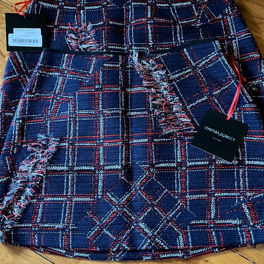 COPY - NWT Cynthia Rowley Jacquard Navy Red Silver Fringe Tweed Mini Skirt Org …